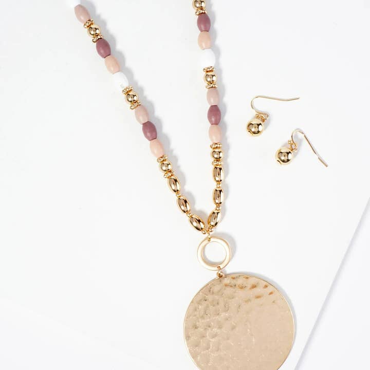 Wild Honey - Wholesale Jewelry Set - Hammered Circle Pendant Wood Beaded Chain Long Necklace Set With Earrings3