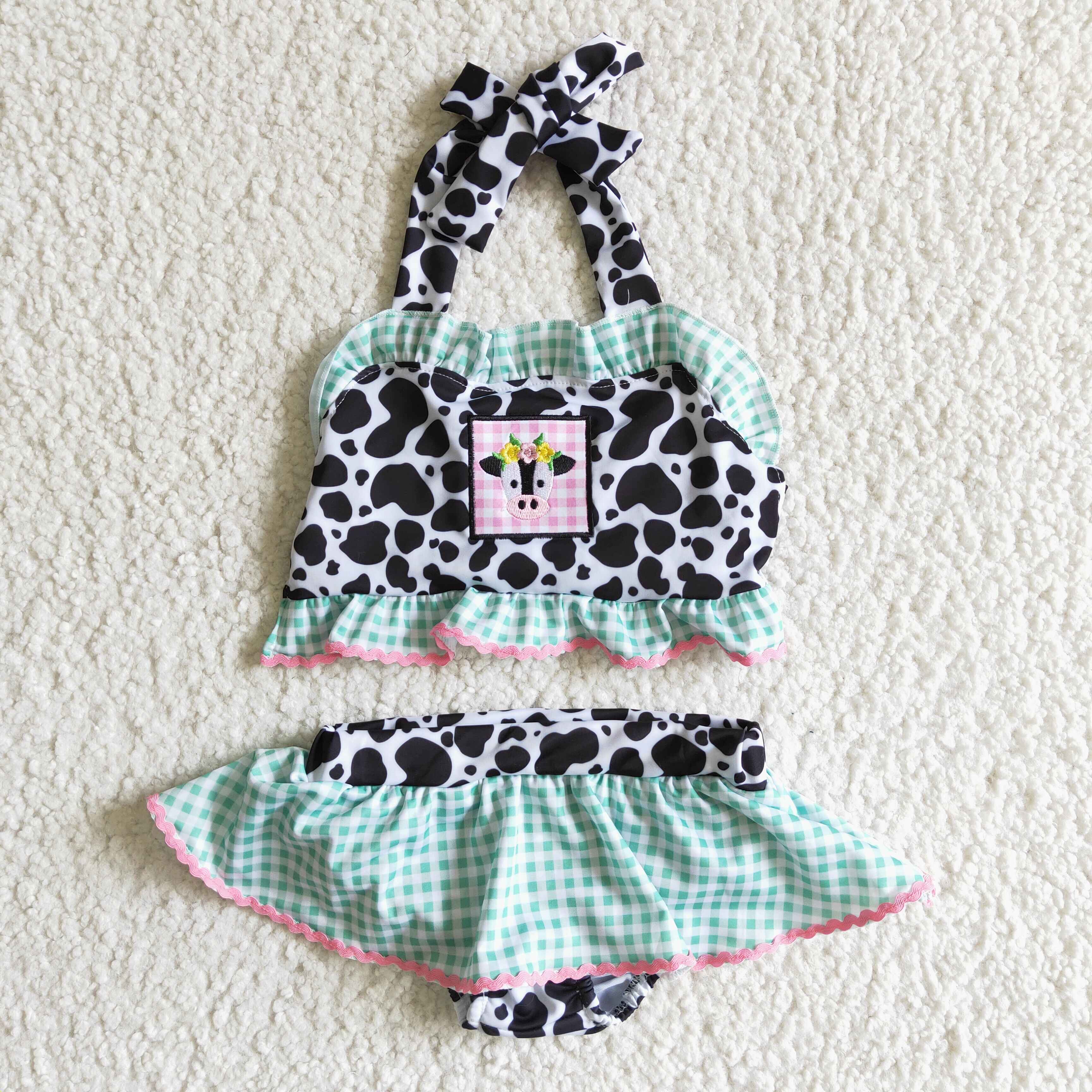 Yawoo Garments - Wholesale Two Piece Swimsuit - Kids - Cow embroidery plaid bath suit baby girls swimsuit0
