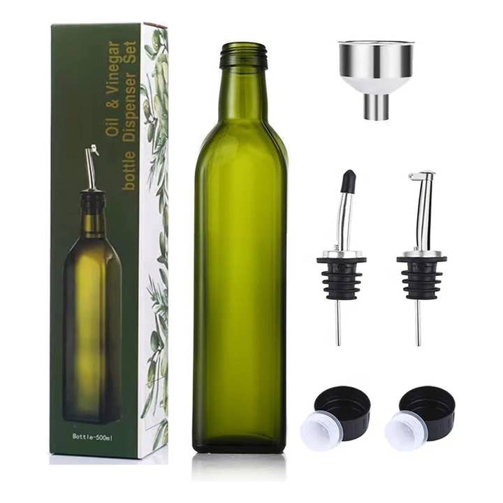 Glass Oil Dispenser - 17 oz/500ml Capacity - Oil and Vinegar Cruet Bottle with Pourers, Funnel, and Seal Caps - Elegant Decanter for Kitchen - Green for wholesale by Vigor Path