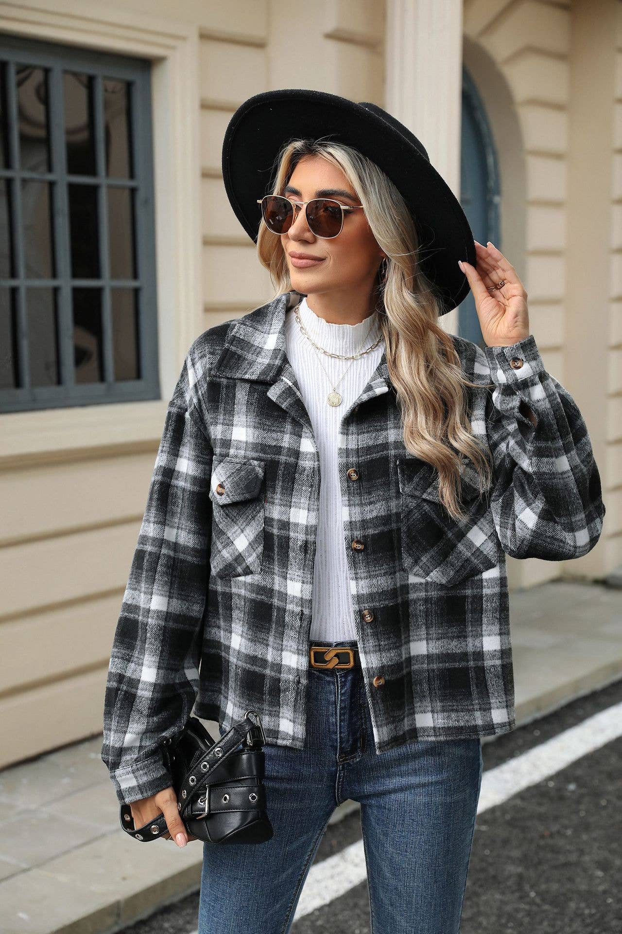 Lily Clothing - Wholesale Shirt Jacket/Shacket - Women's - LONG-SLEEVED PLAID WOOL JACKET WITH BAGGY POCKETS0