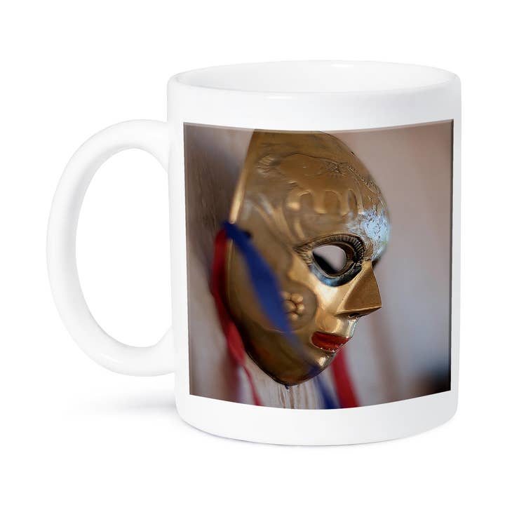 3dRose - Wholesale Coffee mug - 3dRose, A Metal Masquerade Face Mask Hanging on a Wall Shot With Blue and Red Ribbon Hanging on Wall, Mug8