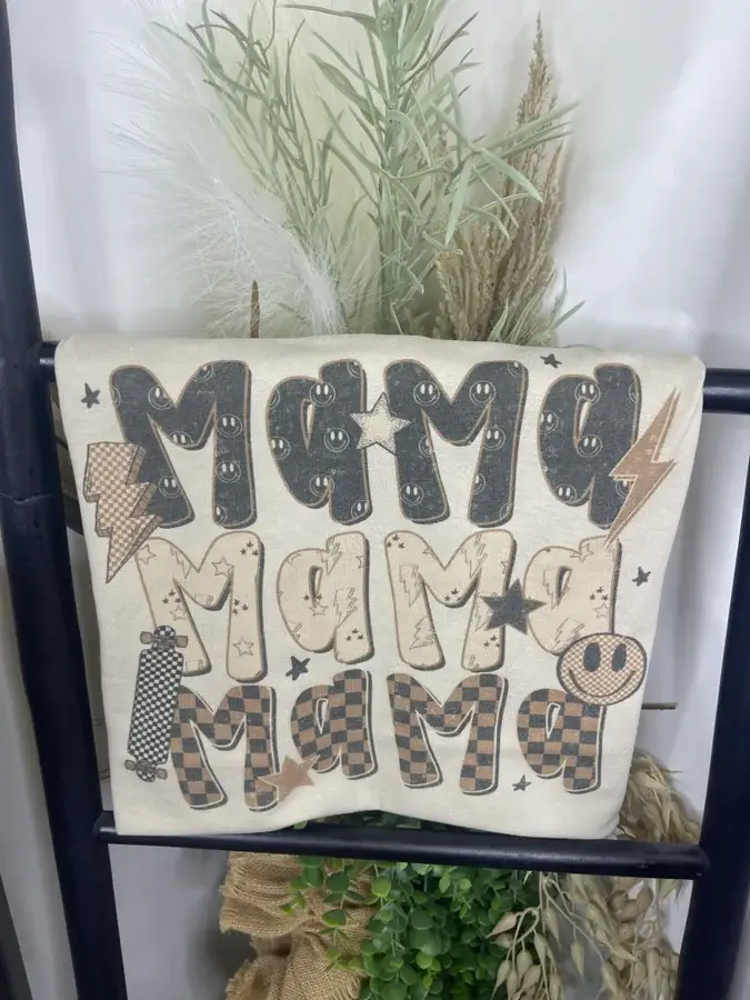 Bronzage Mama Mama Mama Bolts Smiley (T-shirt sous Gildan) en vente sur Faire0