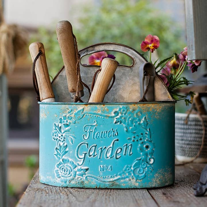Rustic Reach - Wholesale Garden Tool - Blue Metal Basket Tool Organizer Flower Garden