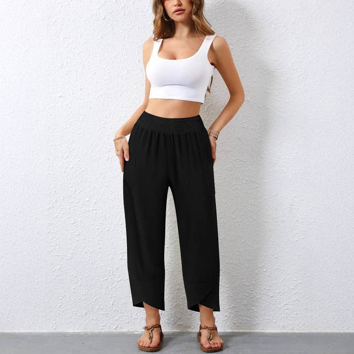 Högmidjade lösa byxor i bomull och linne för wholesale av Mirazshoes WholeSale