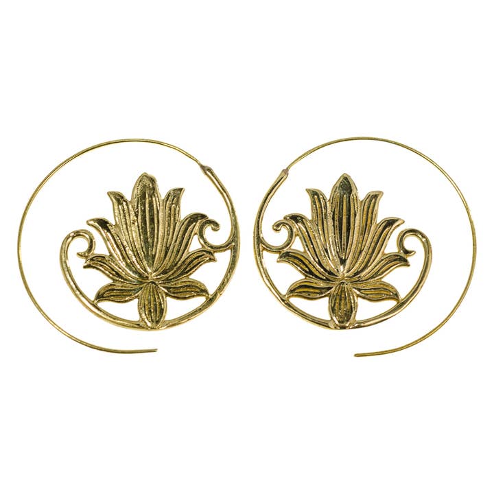 Sacred Flower Brass Lotus Hoop Earrings for wholesale by Saraswati Imports