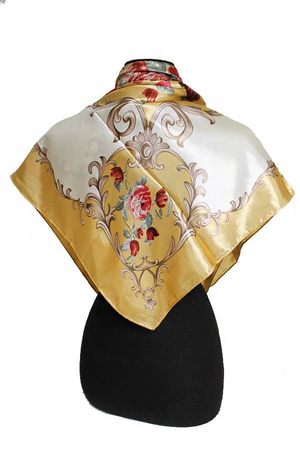 ASSORTED Rose And Golden Leaves Faux Silk Scarf for wholesale on Faire11