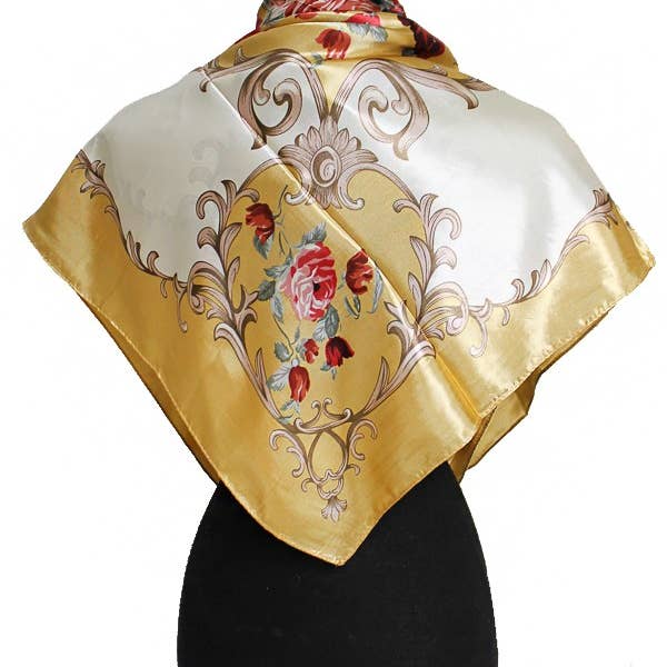 ASSORTED Rose And Golden Leaves Faux Silk Scarf for wholesale on Faire11