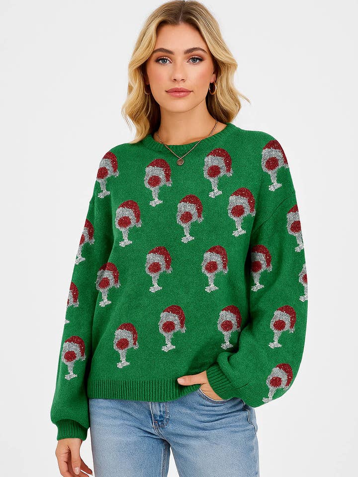 Dames Kerstmis Wijn & Kerstmuts Pofmouwen Feesttrui voor wholesale door Sweetkama