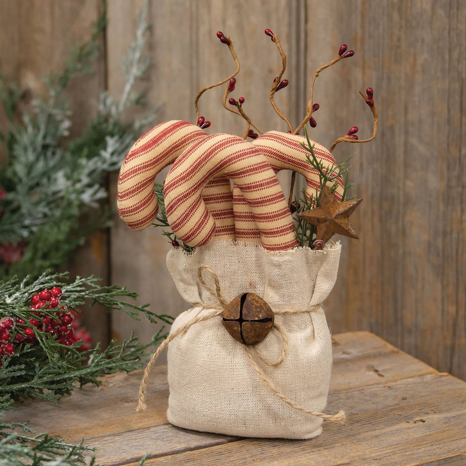 The Hearthside Collection - Wholesale Christmas Decoration - Stuffed Ticking Stripe Candy Canes & Greenery Goody Bag1