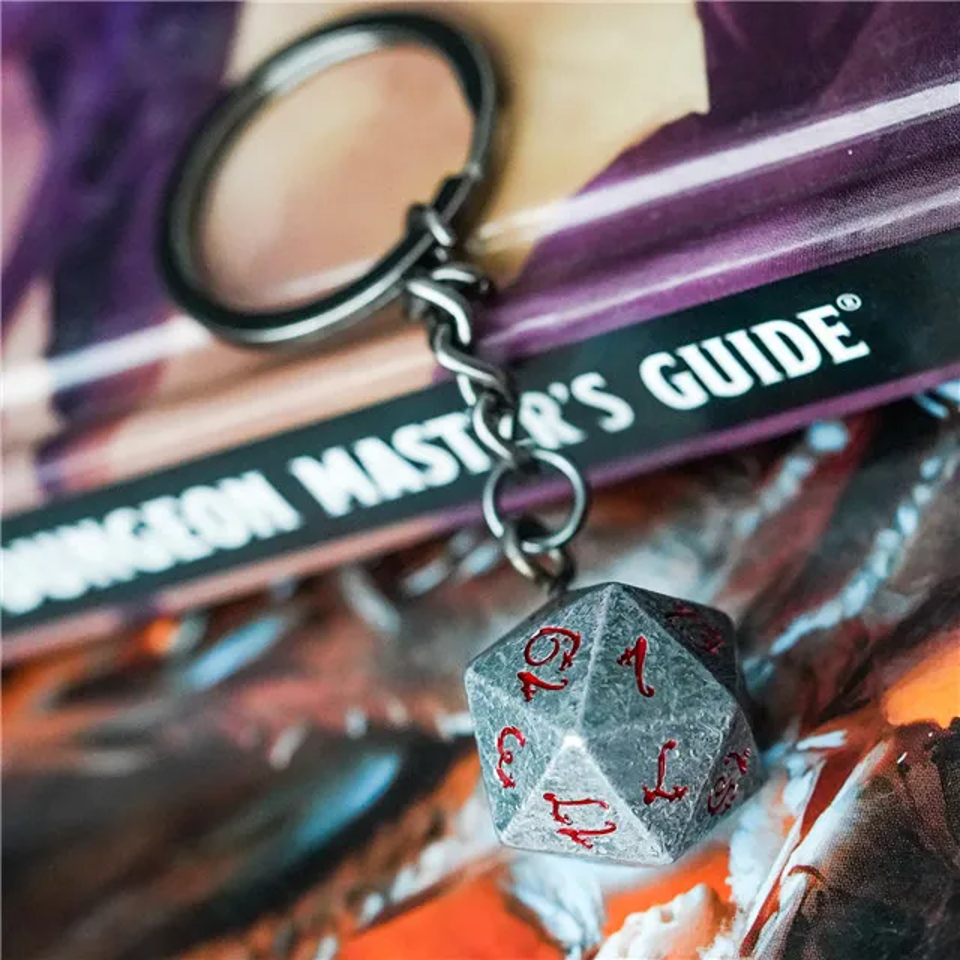 Tabletop Dominion Limited - Wholesale Keychain - Unisex - Keyring: Stone Effect Metal D20 Dice with Bloody Font D&D5