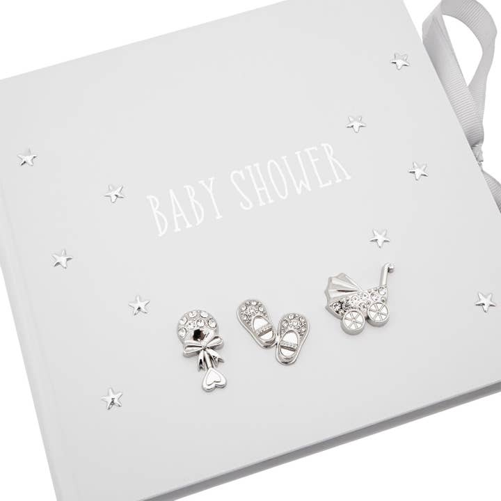 Happy Homewares – wholesale Photo album – Child & baby – Baby Shower Photo Album with Silver Plated Rattle Pram and Booties2