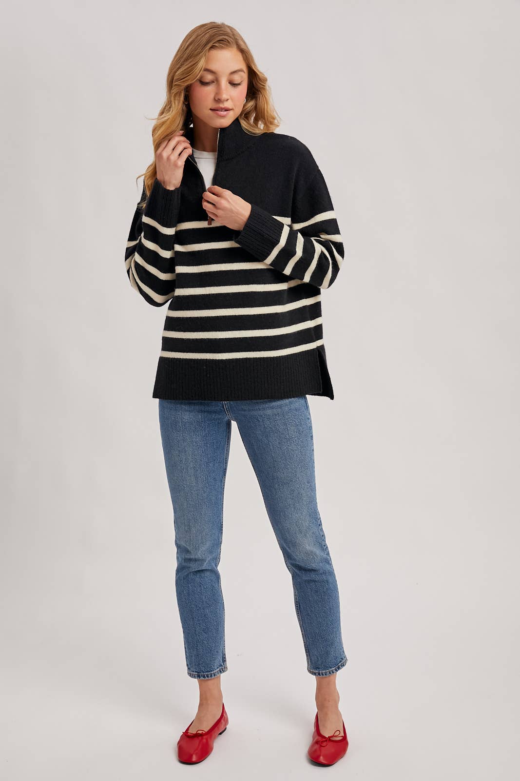 Bluivy - Wholesale Knit Sweater - Women's - QUARTER ZIP UP STRIPE SWEATER PULLOVER9