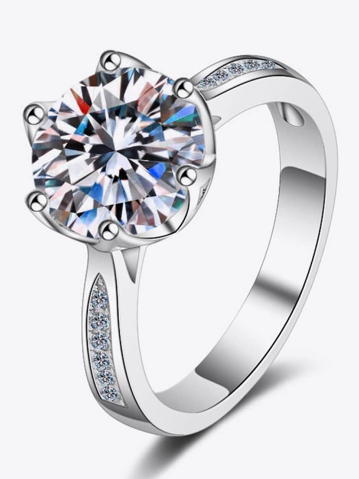 3 Carat Brilliant Round Cut Moissanite Rhodium Over Pure Sterling Silver Side Stone Ring for wholesale by Sparkala