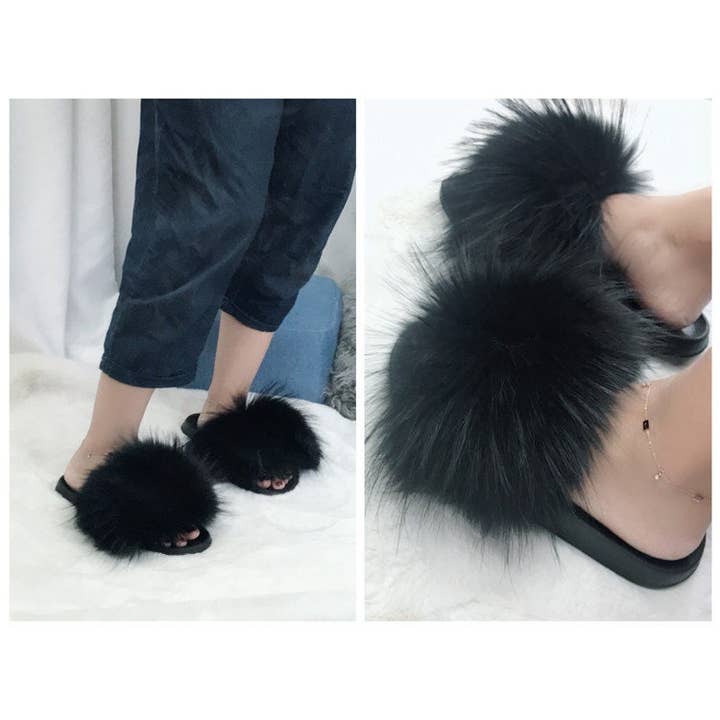 FurDecoration - Venta al por mayor Zapatillas para casa - Mujer - Pompones esponjosos de piel de mapache para mujer y niña