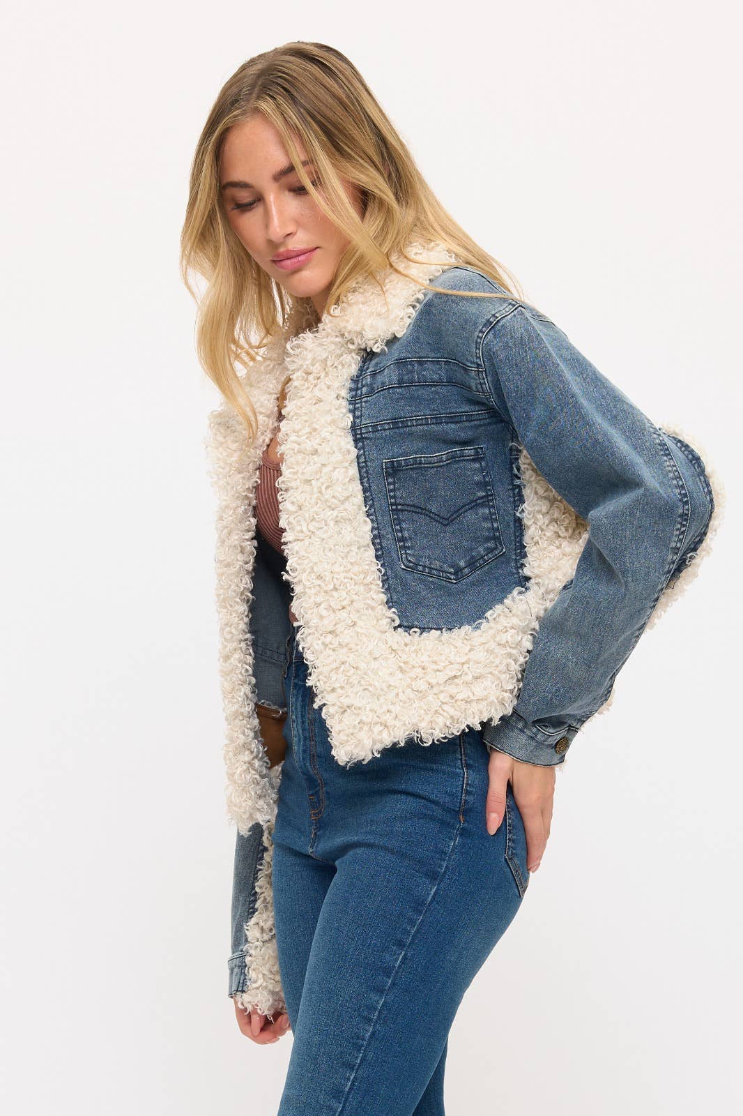 The Aspen Mix Denim Sherpa Jacket for wholesale on Faire