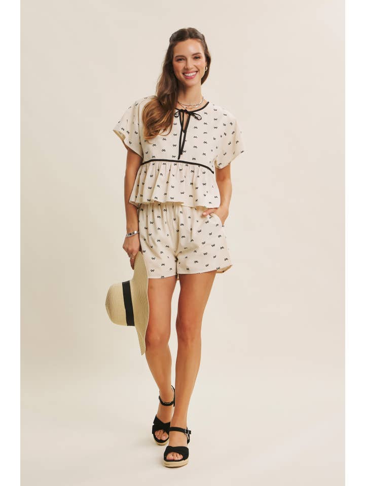 in february - Wholesale Blouse - Women's - SUNNY DAYS BOW PRINT BABYDOLL BLOUSE WITH CONTRAST BINDING16