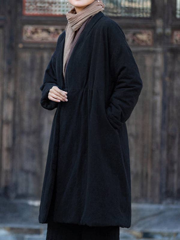 VividLux – Engroshandel Frakke - Dame – Lange ærmer Løst bomuldspolstret tøj Træksnor Quiltet ensfarvet fløjl V-hals Overtøj Polstret frakke6