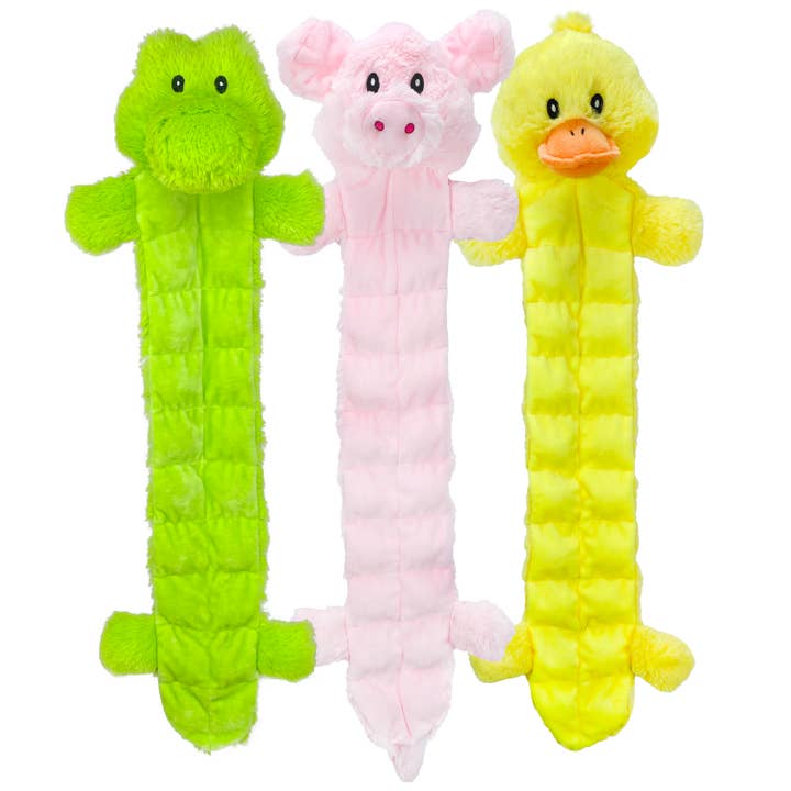 Multipet Long Squeaker Mat Plush Dog Toy Asst. Animals 24" for wholesale by Pet Palette Distribution