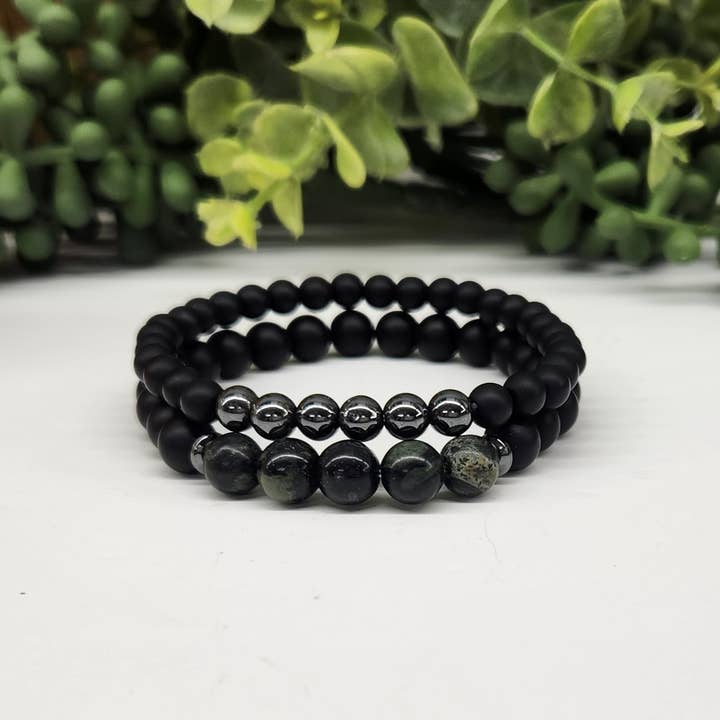 Kambaba/Hematita/Obsidiana negra mate (juego de dos pulseras) para venta al por mayor de Meraki Gemstones