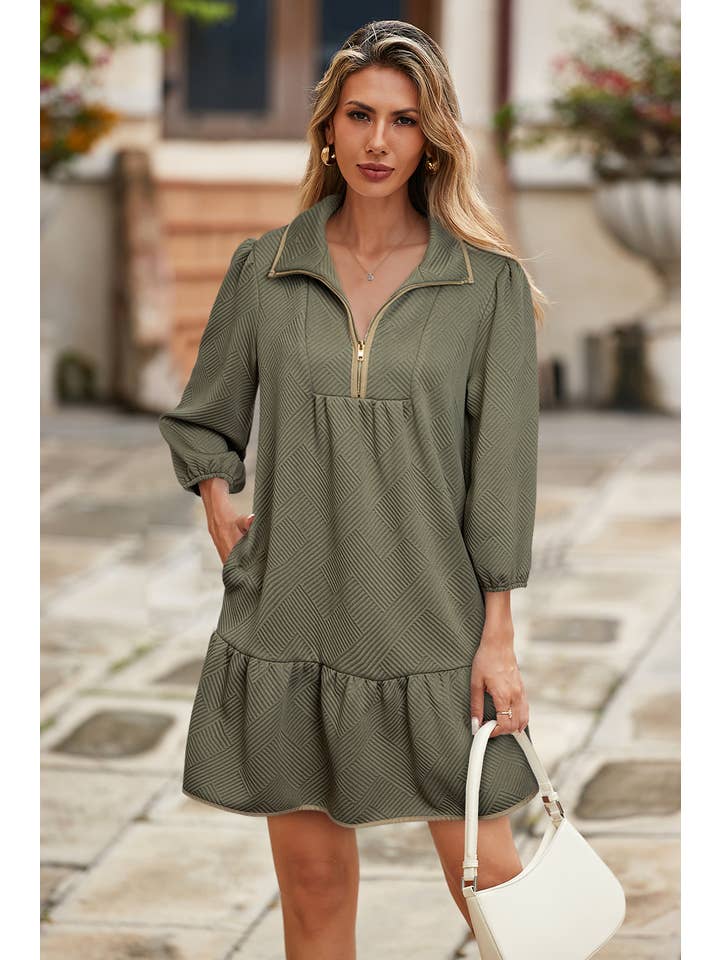 Little Daisy Closet - Wholesale Dress - Women's - LDC Quarter Zip Collar Bracelet Sleeve Textured Mini Dress