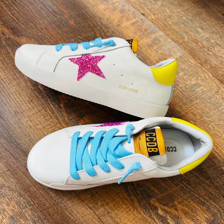 Torn and Trendy – wholesale Livsstilssneakers – Barn – Rosa glittriga stjärnor gula och blåa accent sneakers - barn