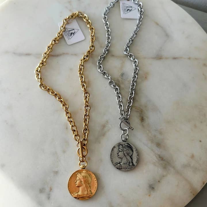 Roman Coin Medallion Necklace - Stainless Steel for wholesale by Deep South Originals Inc.