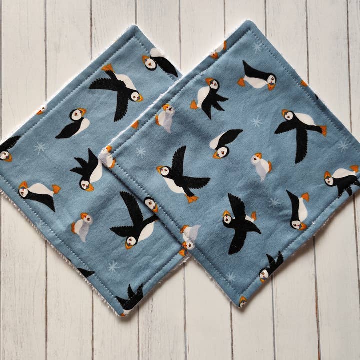 Fancy face cloths, Large reusable bamboo wipes - Puffins for wholesale by Hannah and me