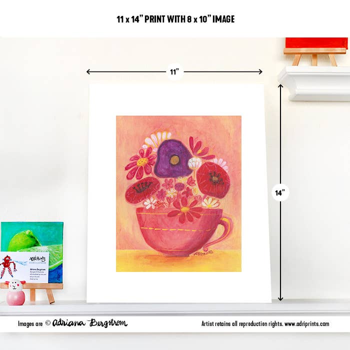 Tasse à thé rouge avec fleurs, 11 x 14 po pour la vente par Adriprints