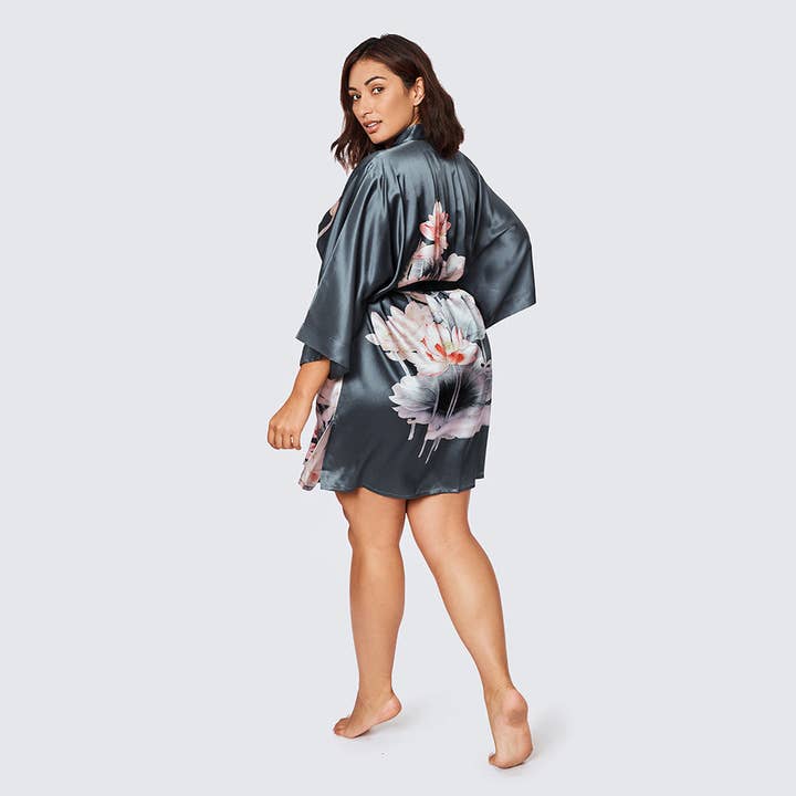 night shadow Washable Silk Lotus Short Kimono Robe (Plus Size) for wholesale on Faire