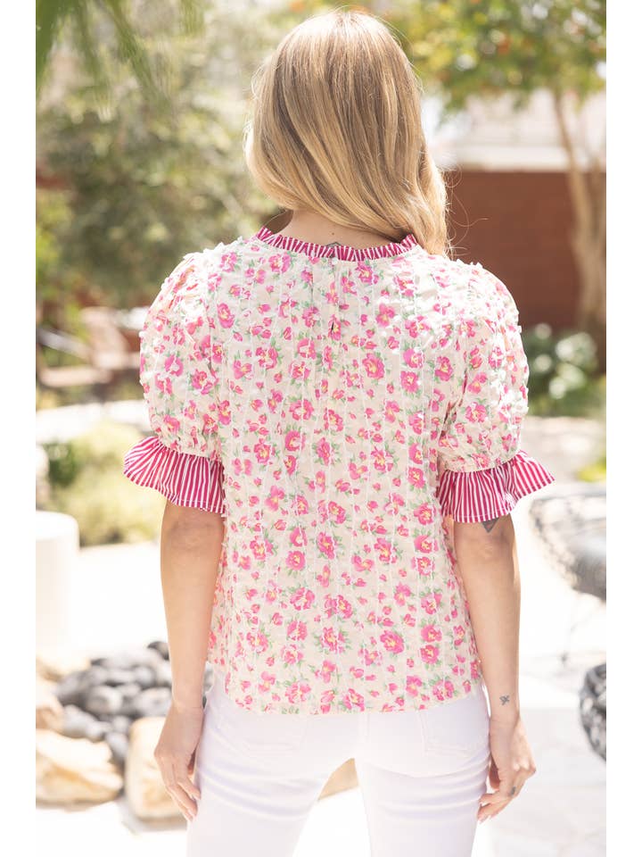 Pink 35747 Mixed Print with Vertical Lace Detail Top for wholesale on Faire