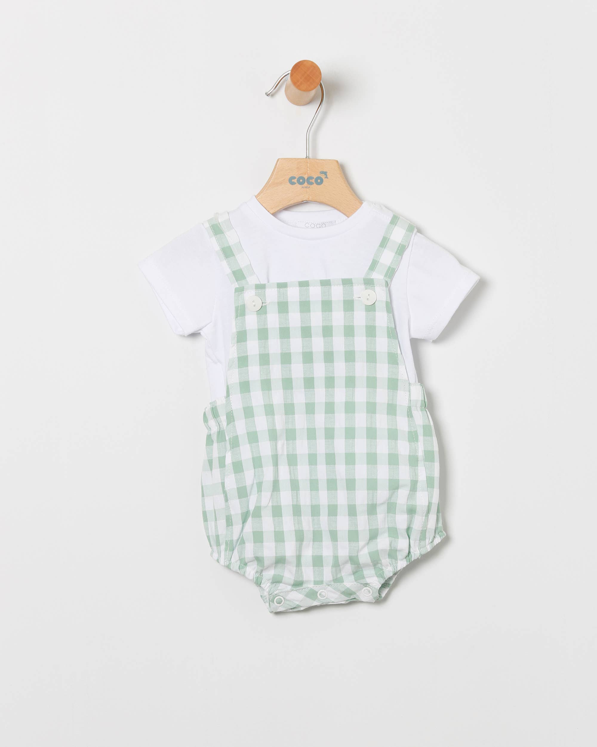 COCO ACQUA – Conjunto de roupa - Bebé por atacado – Conjunto Infantil de Jardineiras em Vichy Verde e Camiseta em Branco0