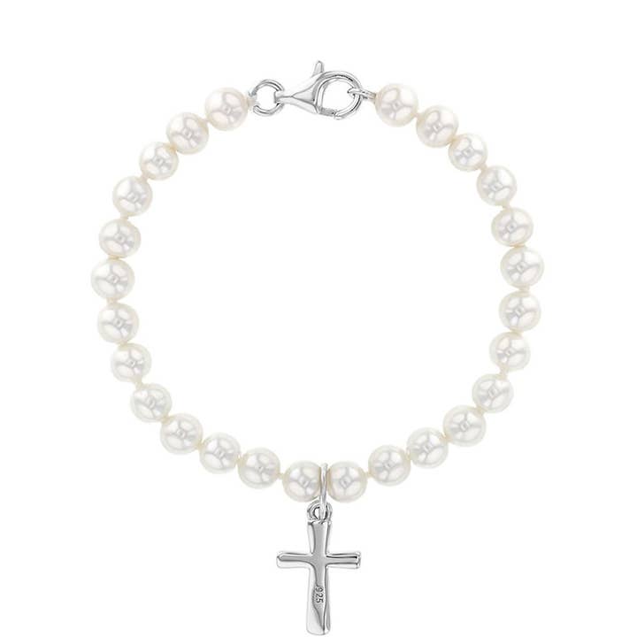 5" White Pearls & Cross Toddler Bracelet - Sterling Silver for wholesale by In Season Jewelry
