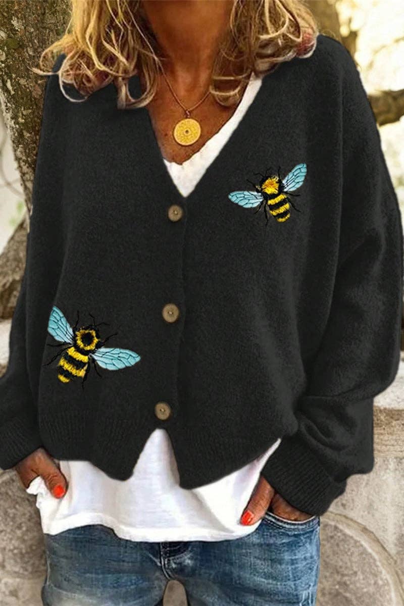 Mccolin - Wholesale Cardigan – Women’s - Bee Embellished Button-Up Cardigan