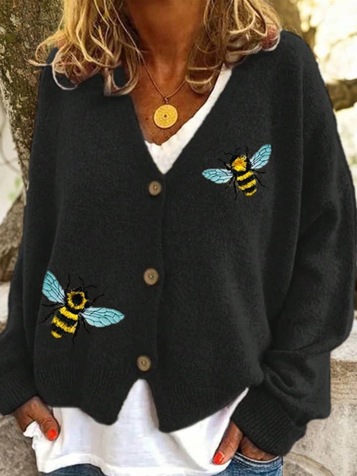 Mccolin - Wholesale Cardigan – Women’s - Bee Embellished Button-Up Cardigan0