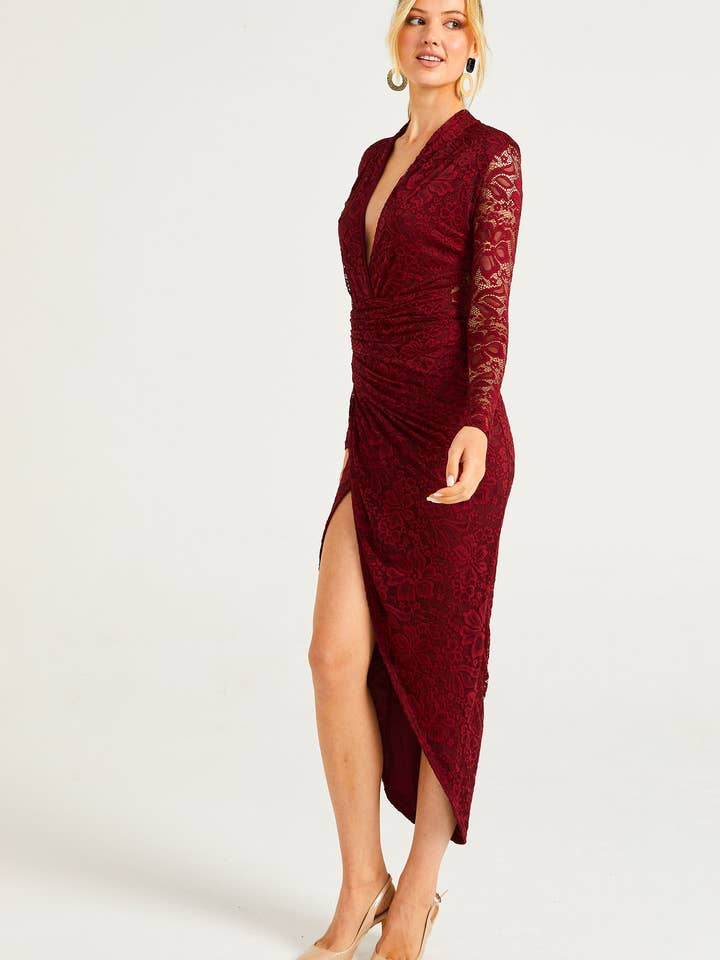ANGELEYE - Wholesale Dress - Women's - Lace Plunge Neck Faux Wrap Midi Dress in Burgundy7