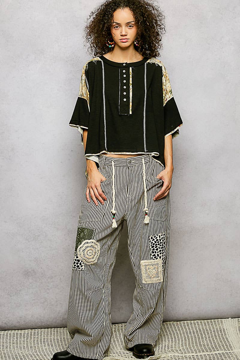 Pol Clothing - Wholesale Knit Top - Women's - Floral Print Patch Button Down Short Sleeve Top4