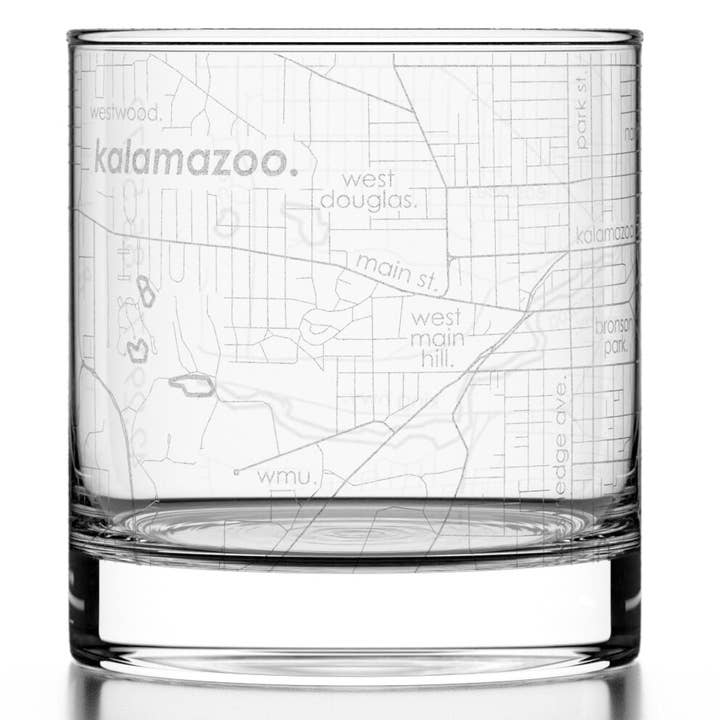 Kalamazoo, MI City Map - Etched Whiskey Rocks Glass for wholesale by Well Told