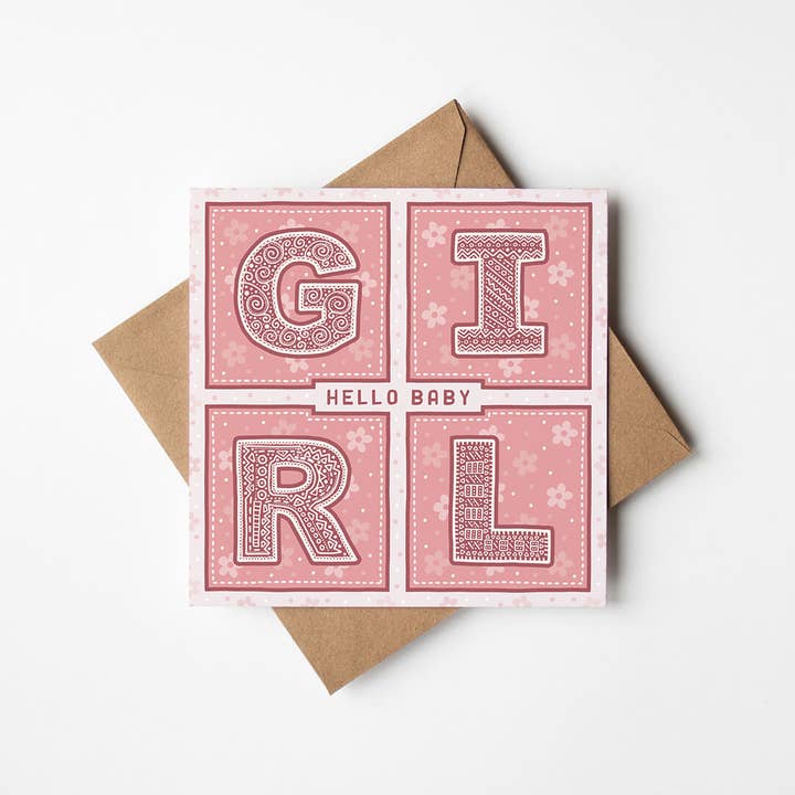 Jess A Little Creative - Wholesale Baby Card - Hello Baby Girl Pink Typographic New Baby Card