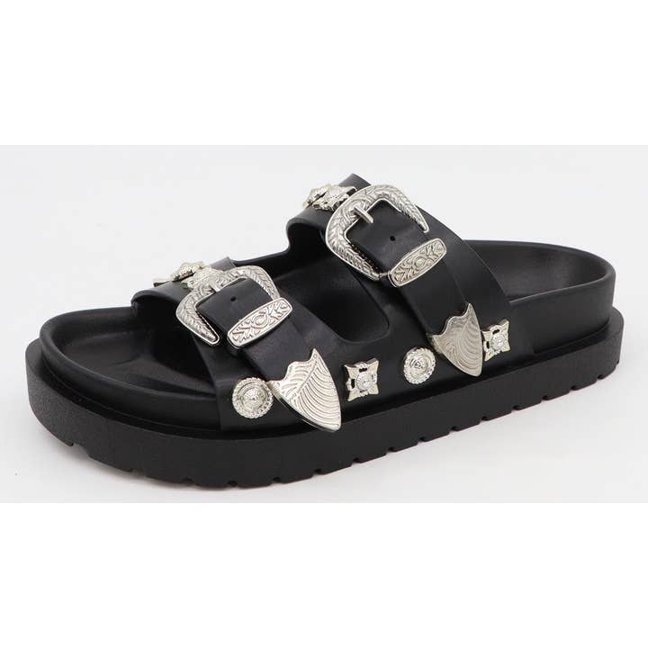 Mars Sky Shoes Wholesale - Wholesale Sandals - Women's - Bamboo Women Metal Studded Double Buckle Strap Slide Sandals