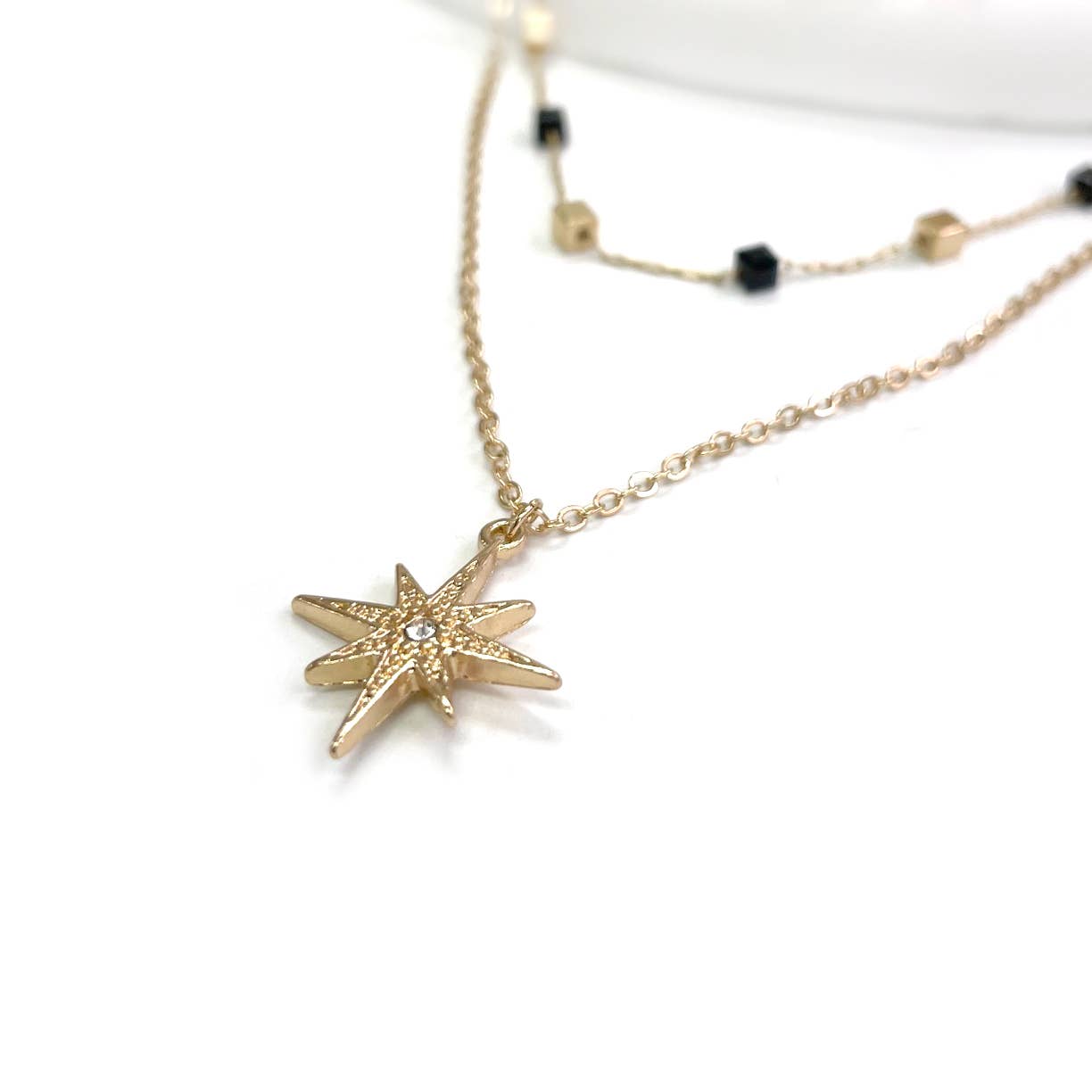 StarryNYC - Wholesale Pendant/Charm Necklace - Starburst Pendant w/ CZ Stone 2 Low Square Beaded Necklace1