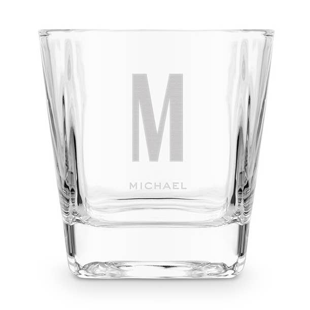 Personalized Square 8 Oz. Whiskey Glass- Sans Serif Monogram for wholesale by Weddingstar Inc.