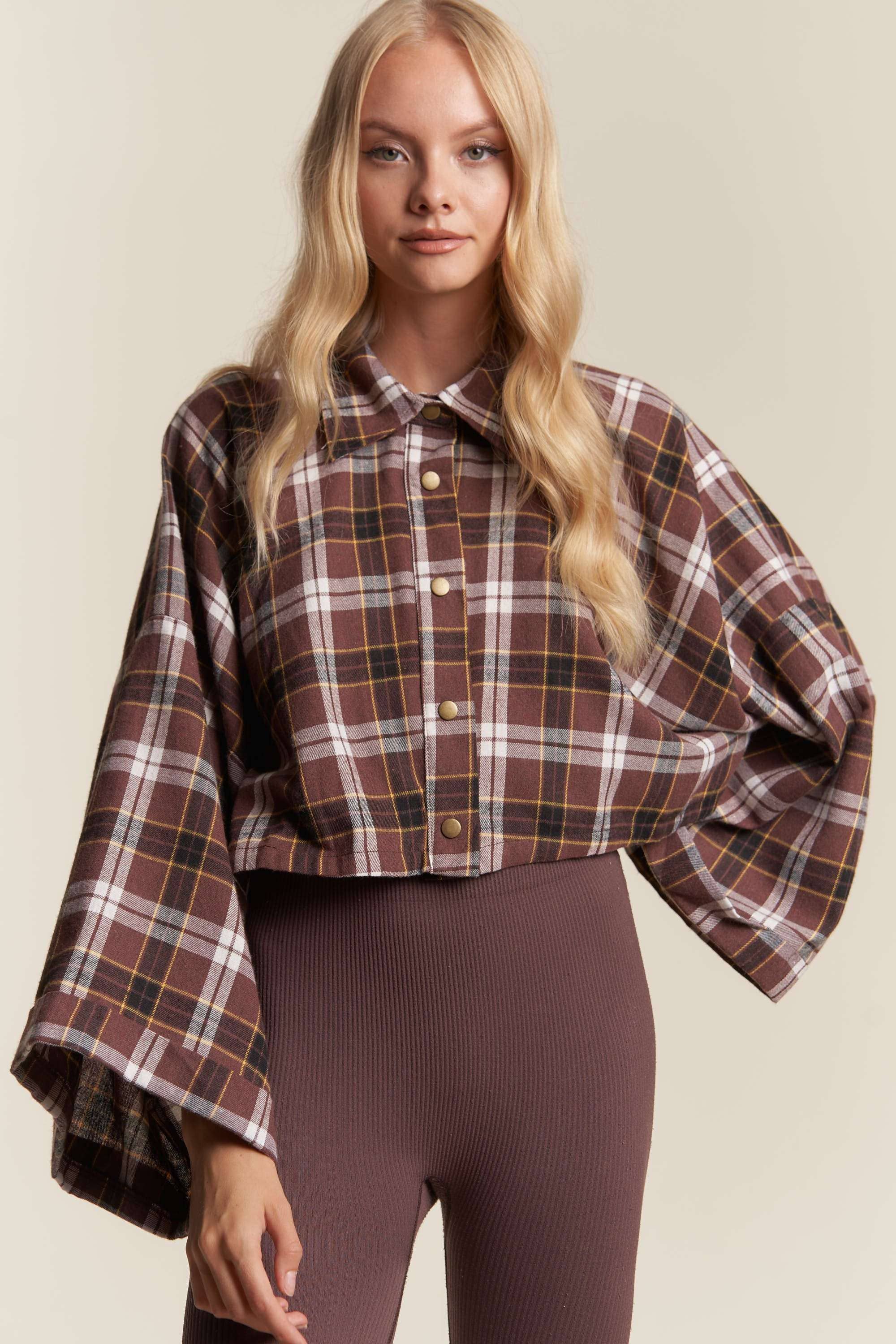 BROWN COMBO WIDE SLEEVE SNAP BUTTON DOWN PLAID SHIRT JACKET for wholesale on Faire2