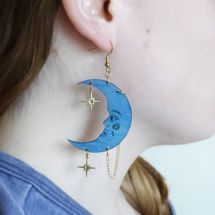 Stag and Branch - Wholesale Dangle Earrings - Blue Celestial Cresent Moon With Stars Large Statment Dangle1