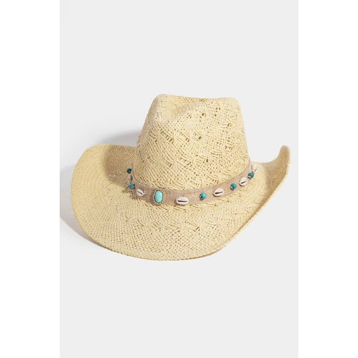 Collections by Fame Accessories - Wholesale Fedora - Women's - Sea Shell Band Straw Western Cowboy Hat