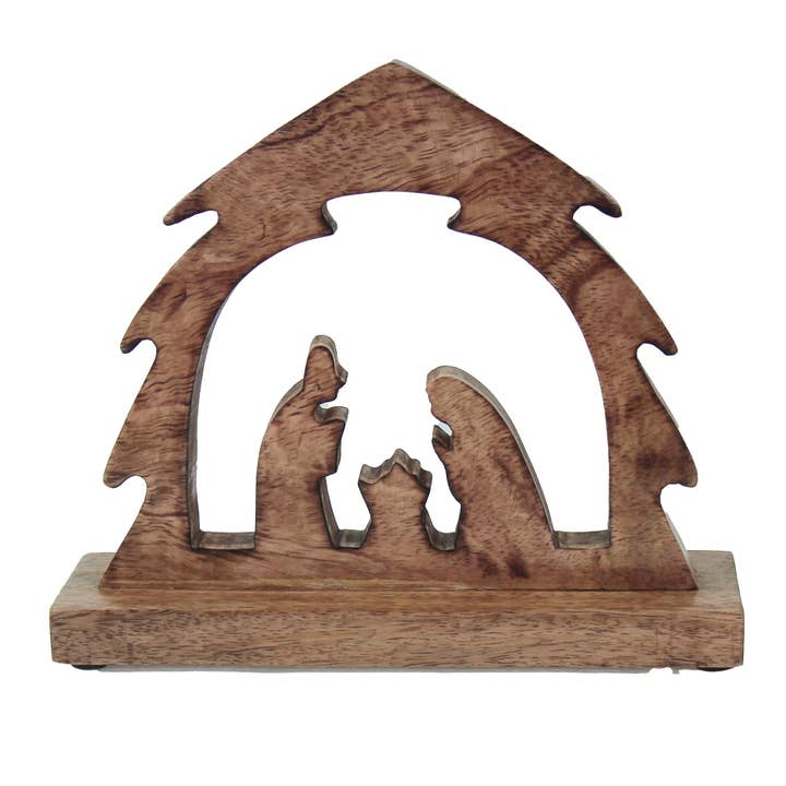 Global Crafts - Vente Crèche de Noël - Crèche de table en bois de manguier découpée