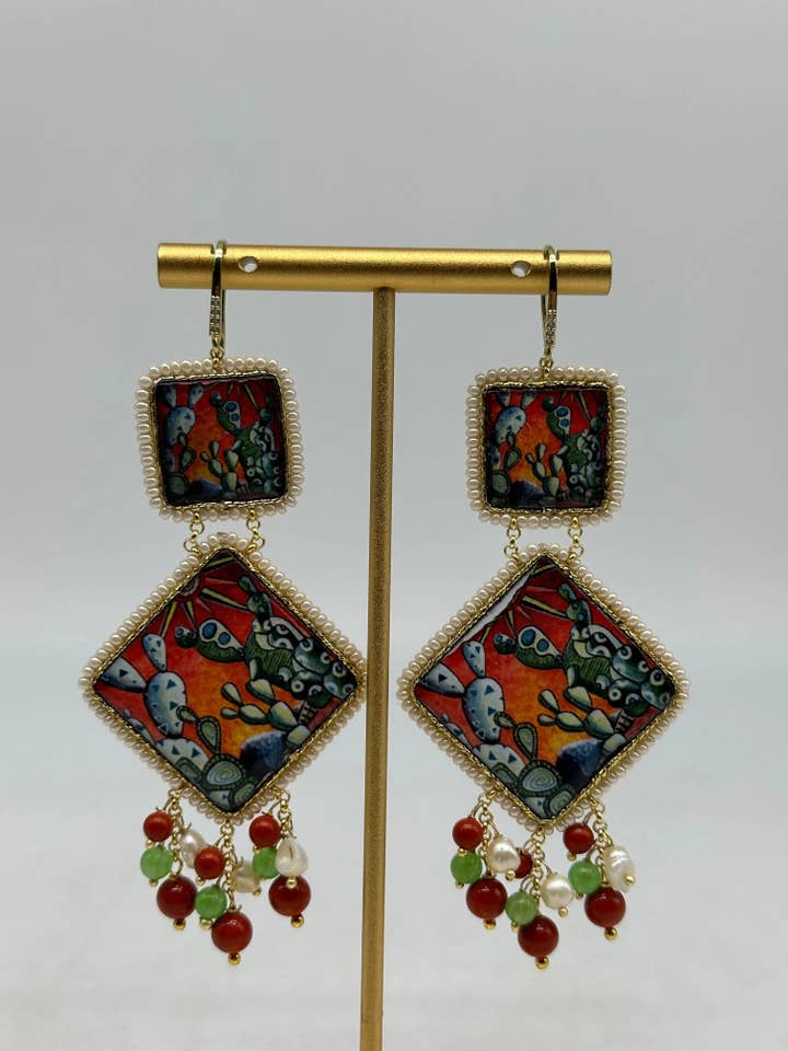 Caltagirone Ceramic Tile earrings, white frame, stones, pearls V.1 for wholesale by DD Ceramiche Siciliane