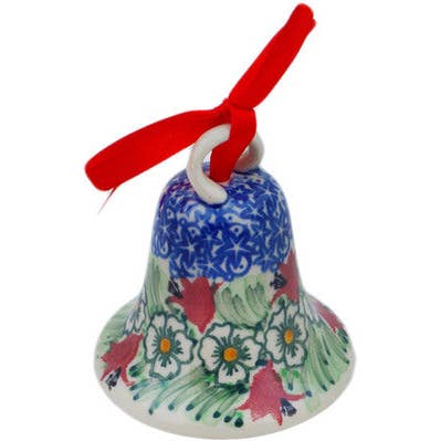 Polmedia Polish Pottery - Wholesale Ornament - Bell Ornament 3" Scarlet Flora Theme UNIKAT0