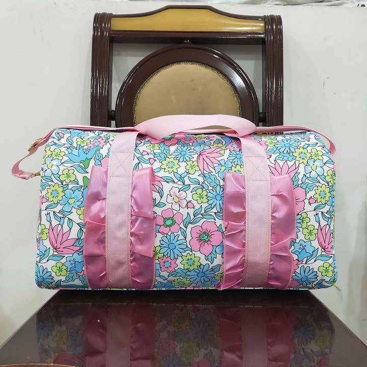 Aier Wholesale - Wholesale Weekender bag – women's - Pink Ruffle Blue Floral Print Gym Duffle Bags3