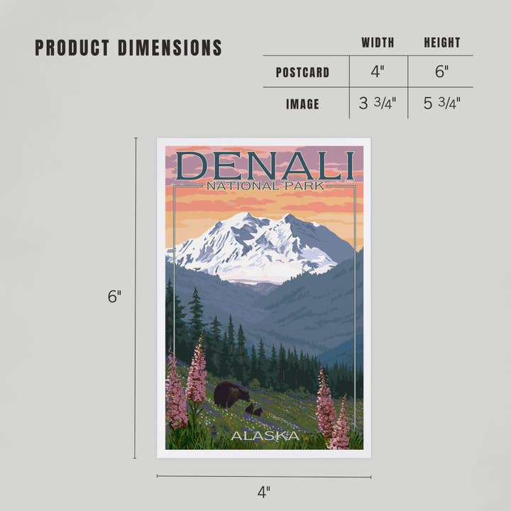 Lantern Press - Wholesale Postcard - PREMIUM POSTCARDS Denali National Park, Alaska Bear &Flowers