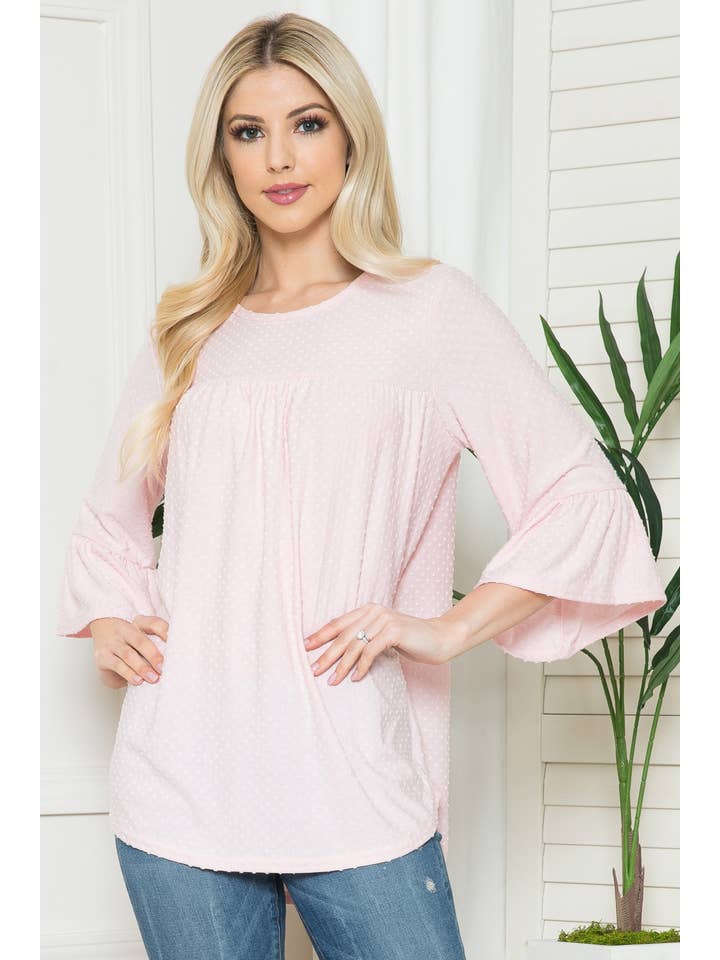 Acting Pro - Wholesale Shirt - Women's - T7797D - Solid Quarter Bell Sleeve Round Neck Top
